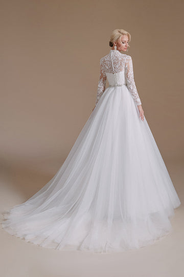 Blanc A-Line Col Haut Manches Manches Longues Robe de Mariée avec Dentelle